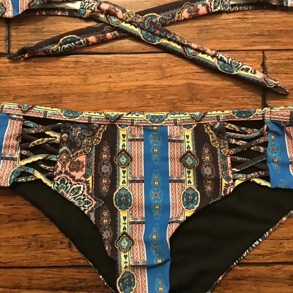 Tribal Print Criss Cross Bikini Cutout Two Piece Swimsuit Boho Beach